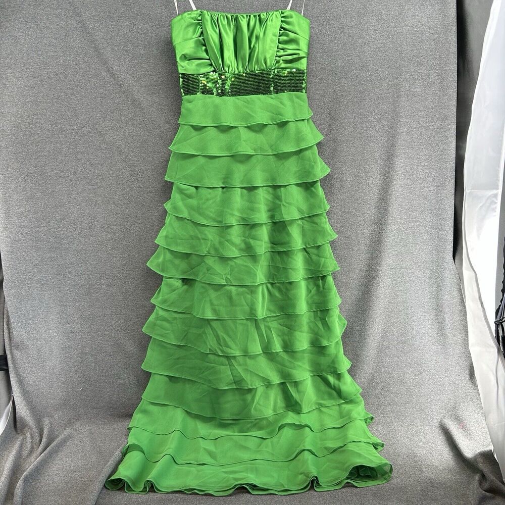 Vintage Y2K Masquerade Green Tiered Ruffle Prom Dress Womens 7/8 Formal Maxi